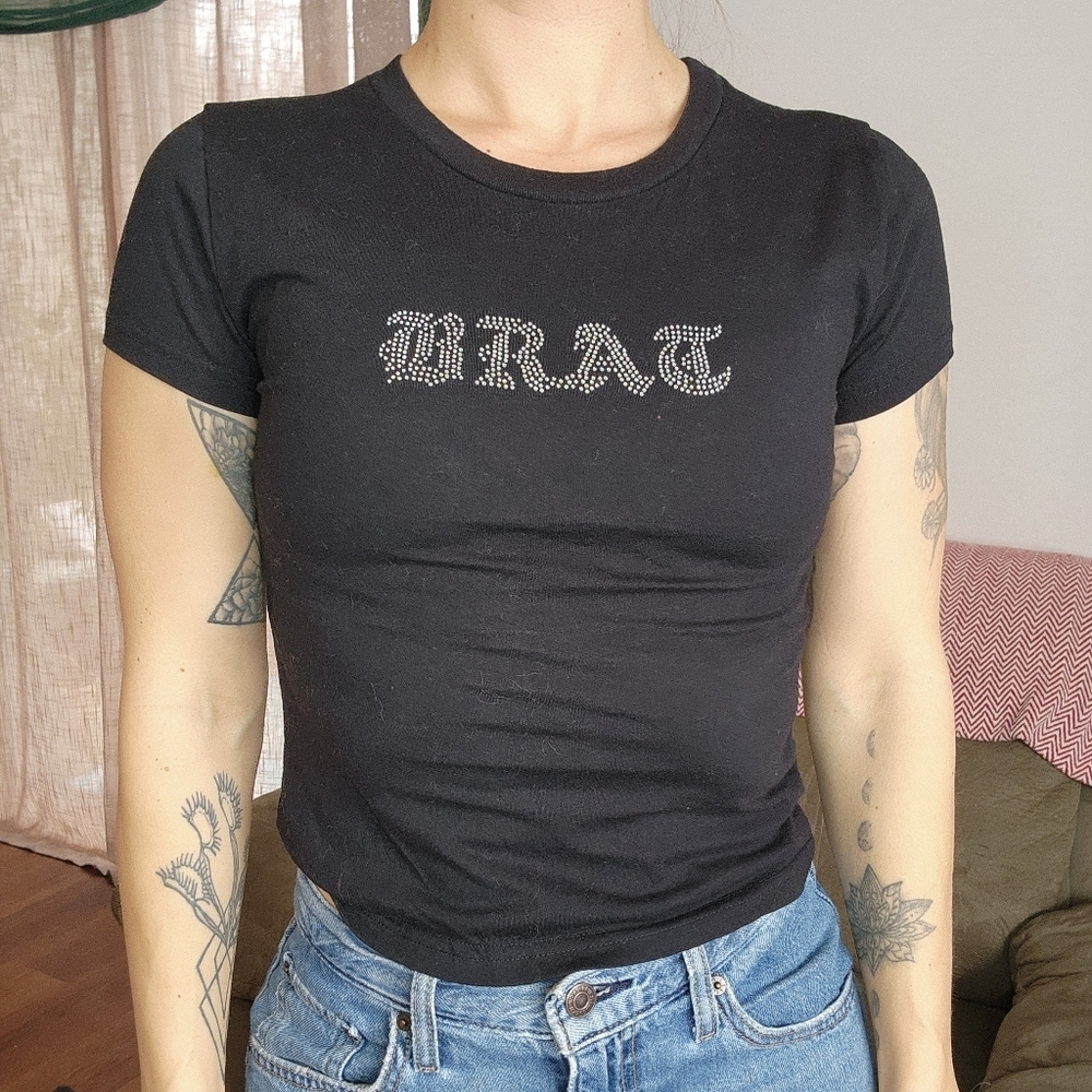 Rue 21 Y2k BRAT Bedazzled Baby Tee Size Medium